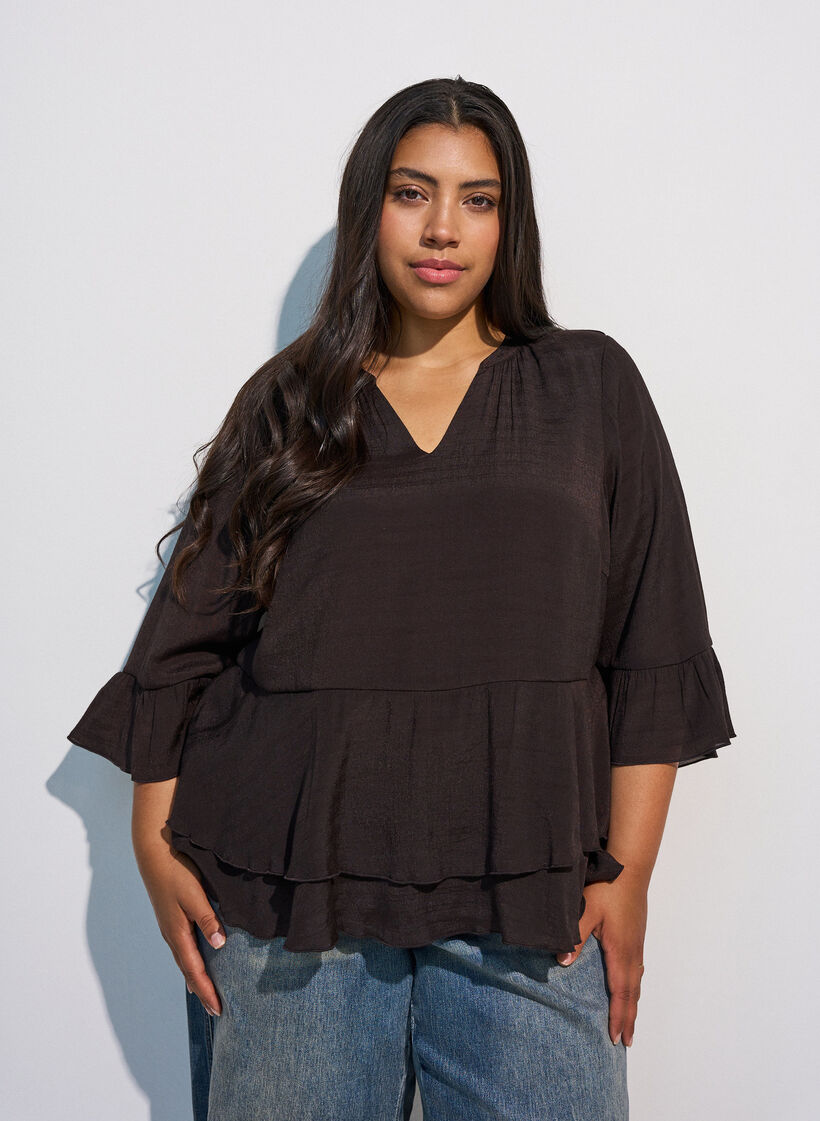 Blouse &agrave; manches 3/4 et volants, Marron, Model image number 0