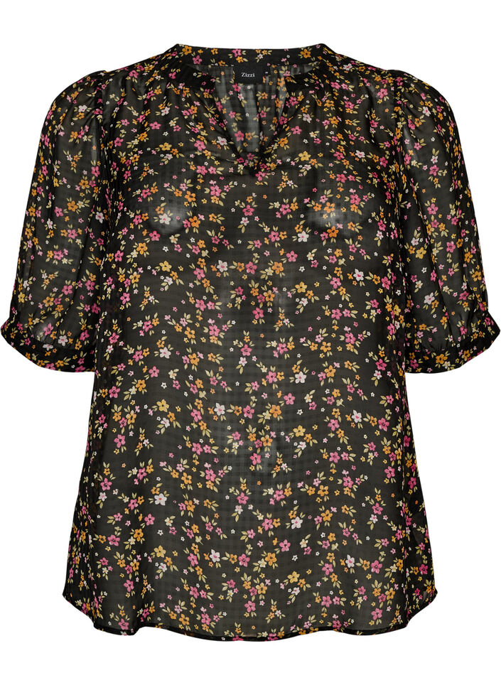 Blouse &agrave; imprim&eacute; floral et col V, Noir, Packshot image number 0