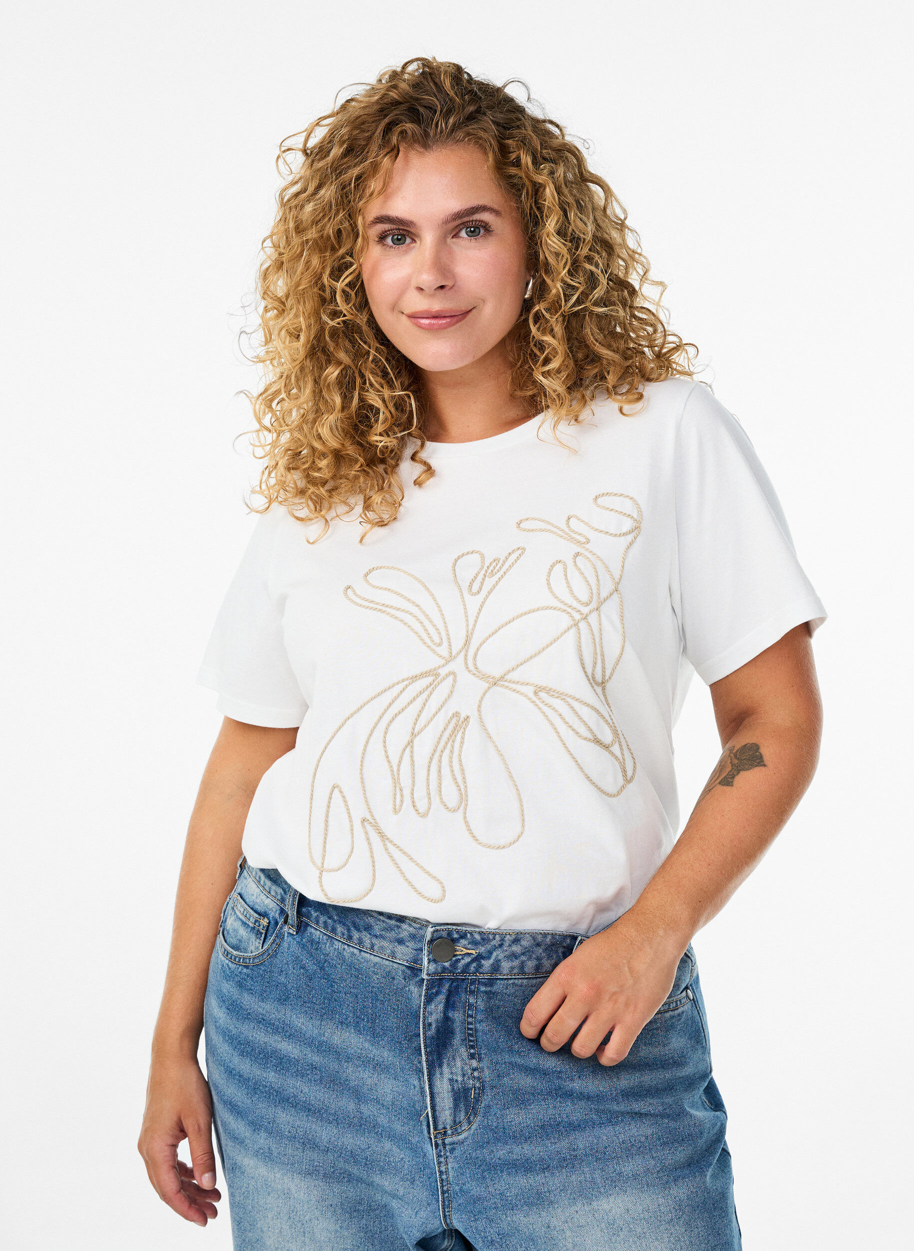 T-shirt en coton bio avec cordon de serrage, Blanc, Model