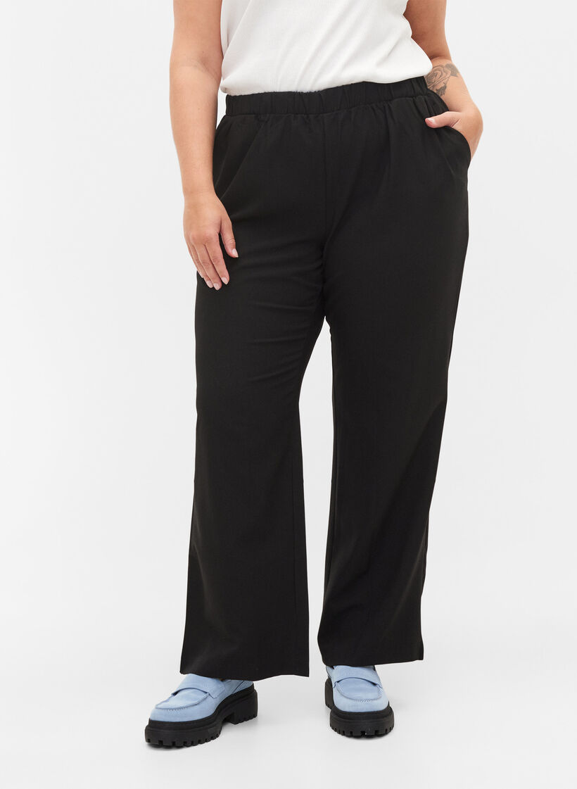 Pantalon évasé avec taille élastiquée, Noir, Model image number 3