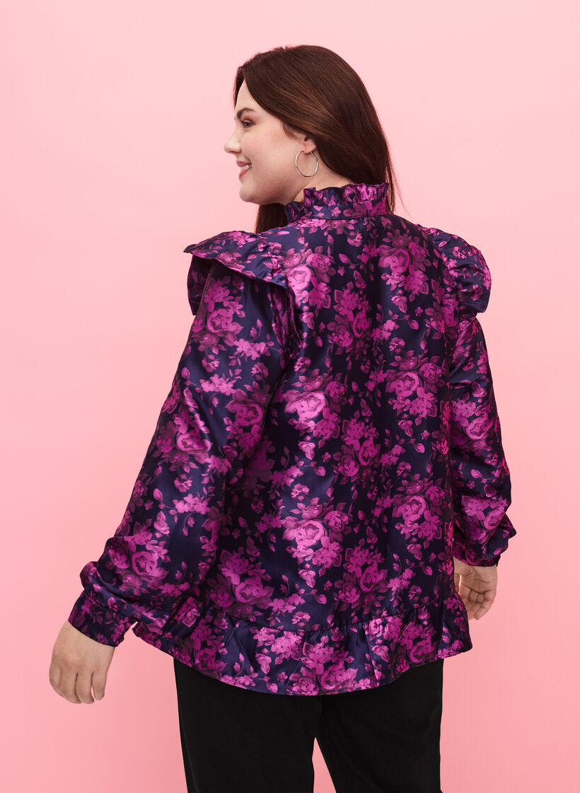 Chemisier jacquard floral avec des volants, Dark Blue Pink, Model image number 1
