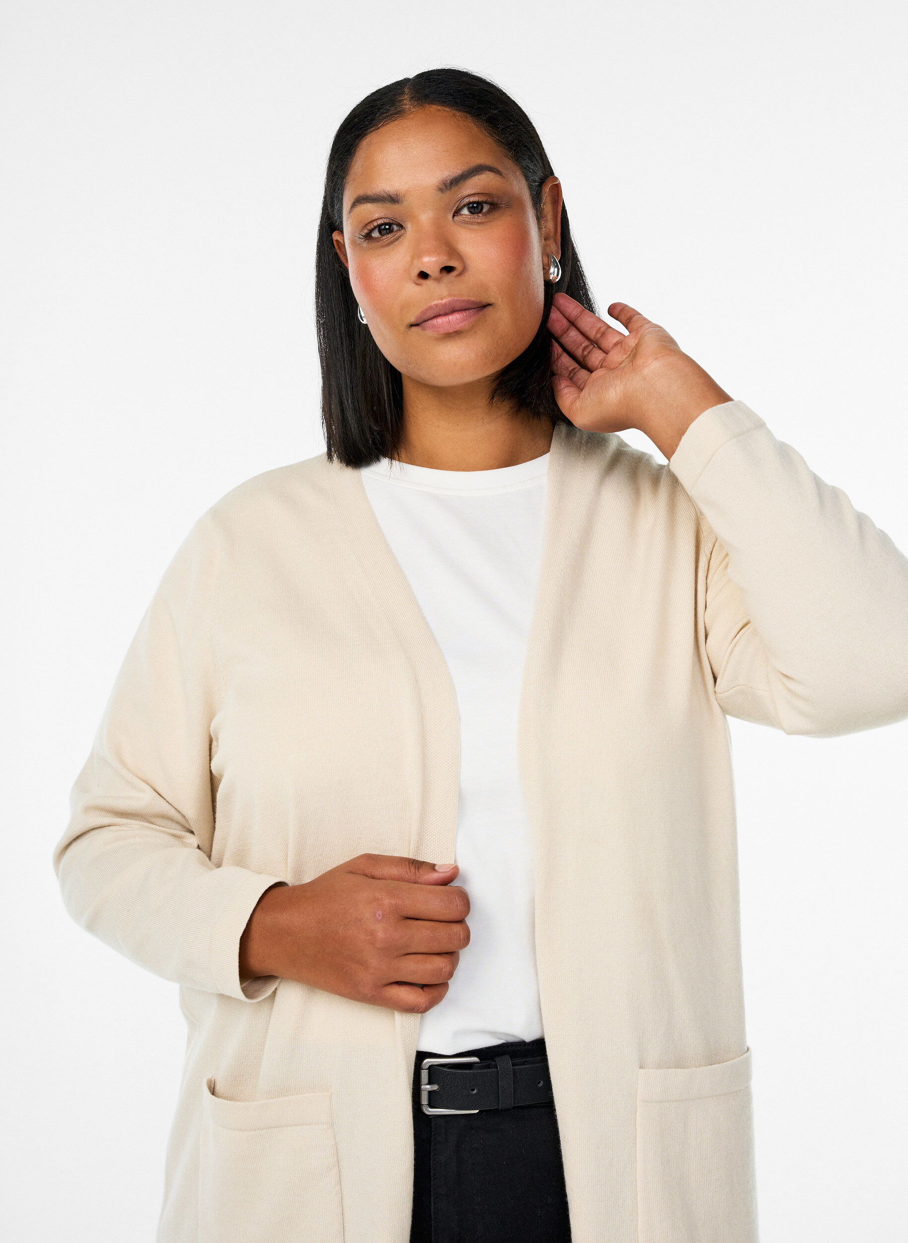 Zizzi FLASH - Cardigan long ouvert avec poches, Beige, Model image number 2