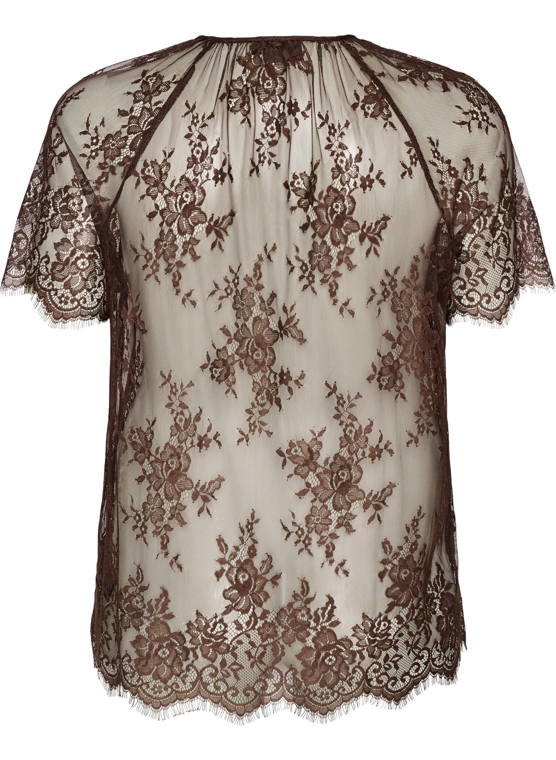 ZizziBlouse en dentelle &agrave; manches courtes avec lien &agrave; nouer, Marron, Packshot image number 1
