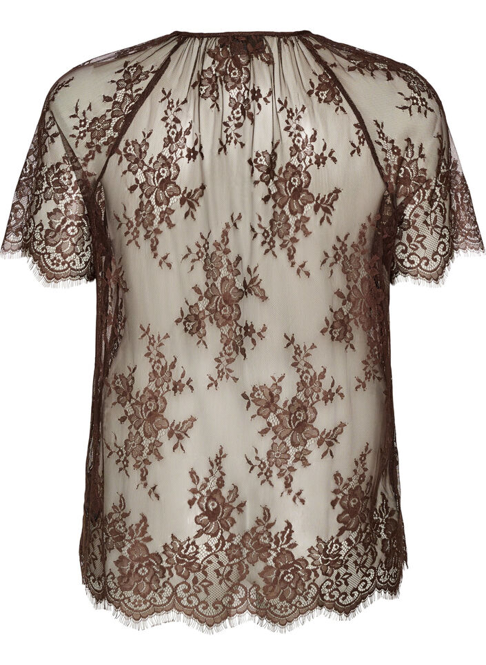 Blouse en dentelle &agrave; manches courtes avec lien &agrave; nouer, Marron, Packshot image number 1