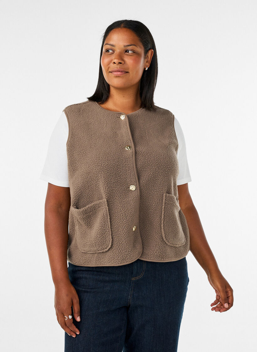 Gilet teddy avec boutons et poches, Marron, Model image number 0