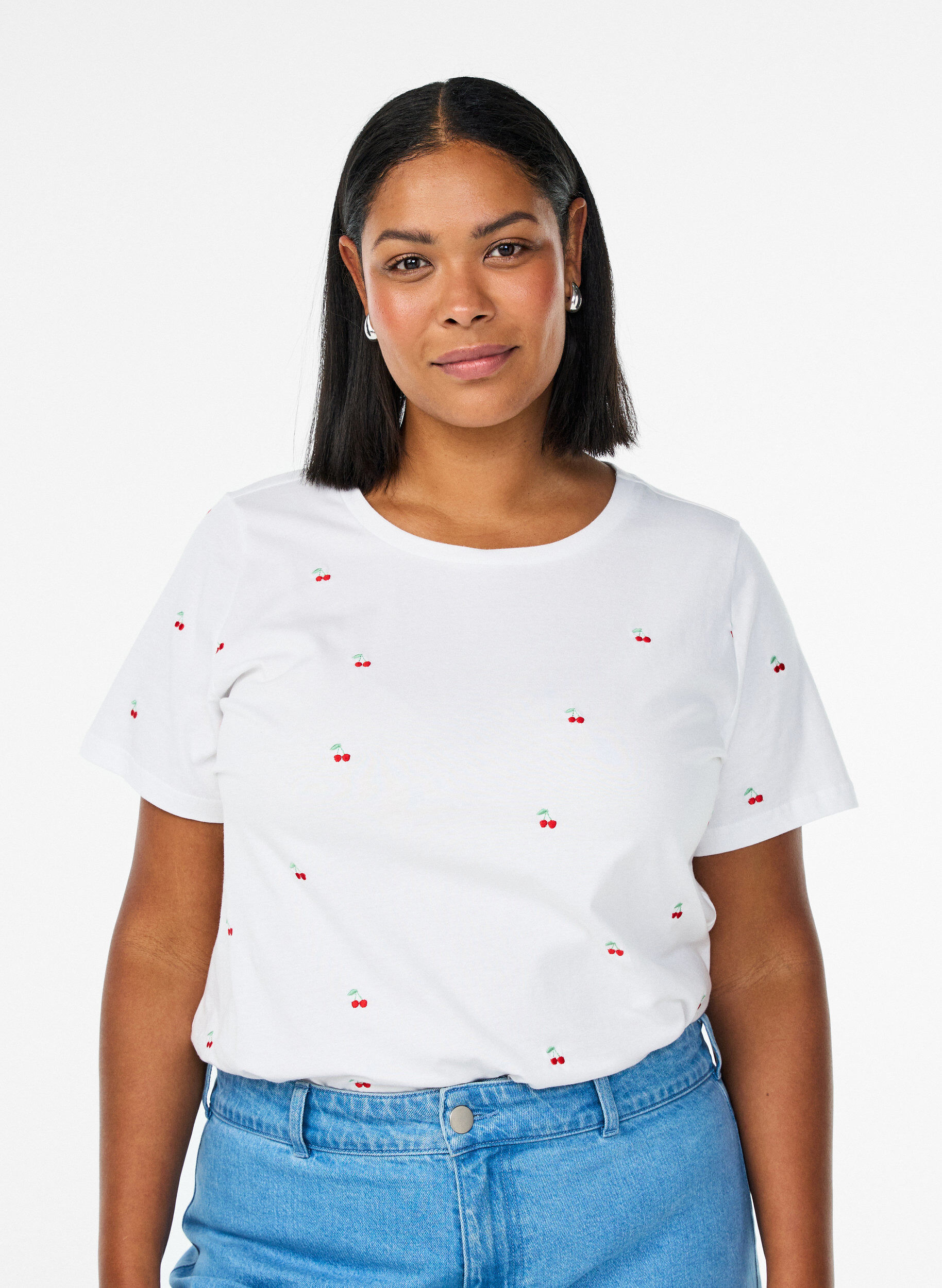 T-shirt en coton biologique avec motifs brod&eacute;s, Blanc, Model
