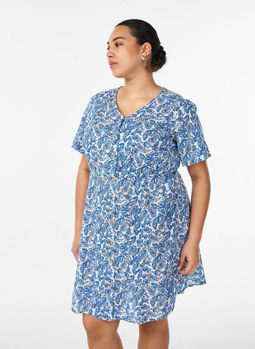 Robe courte en coton &agrave; imprim&eacute; floral, Bleu, Model image number 0