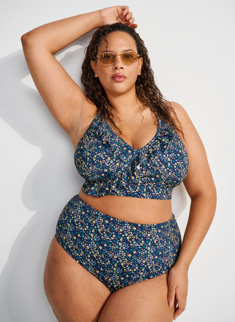Haut de bikini &agrave; fleurs et &agrave; d&eacute;tails de jabot, Bleu p&eacute;trole, Image image number 0