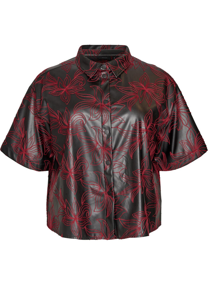 Chemise courte en similicuir avec broderies contrastantes, Noir, Packshot image number 0