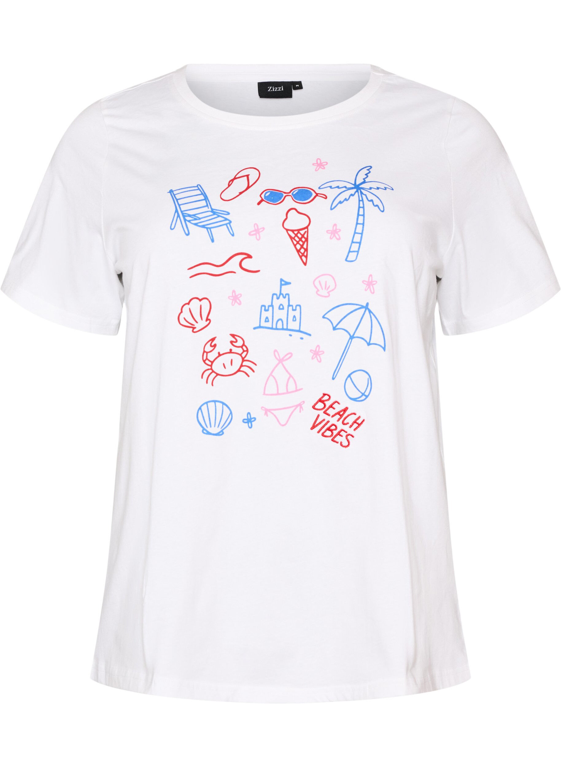 ZizziT-shirt en coton bio avec imprim&eacute; plage, Blanc, Packshot image number 0
