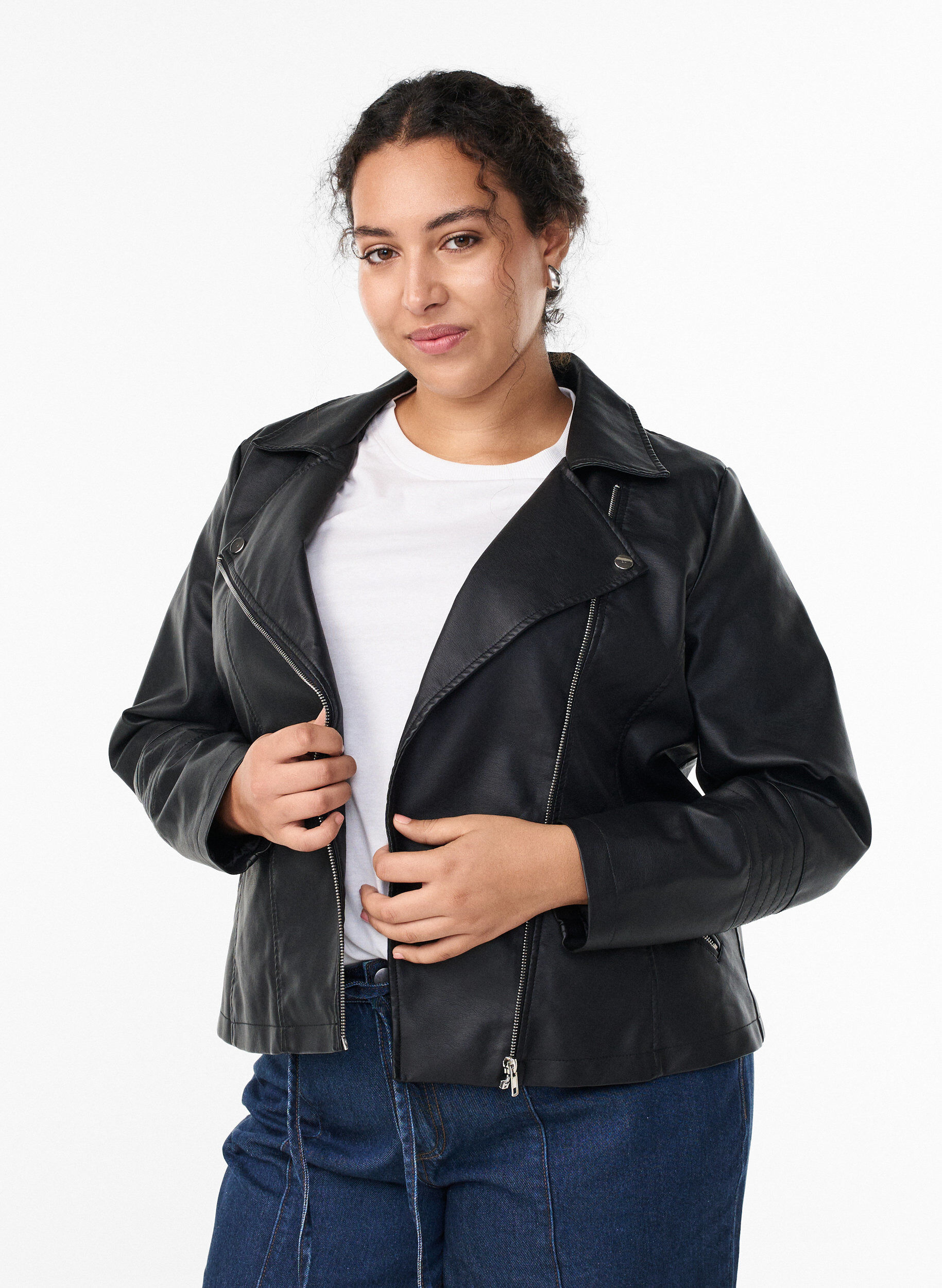 Veste en cuir imit&eacute; de motard, Noir, Model