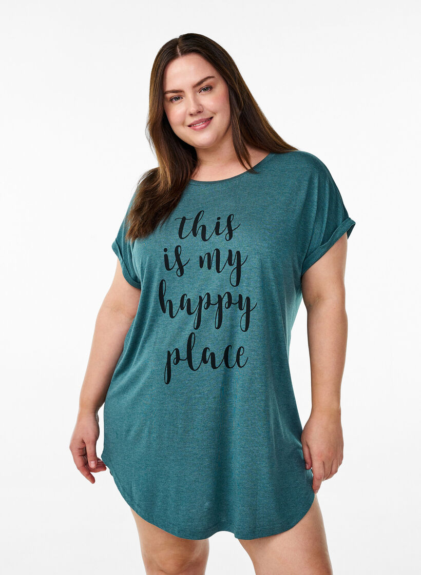 Chemise de nuit &agrave; manches courtes avec imprim&eacute; de texte, Vert fonc&eacute;, Model image number 0