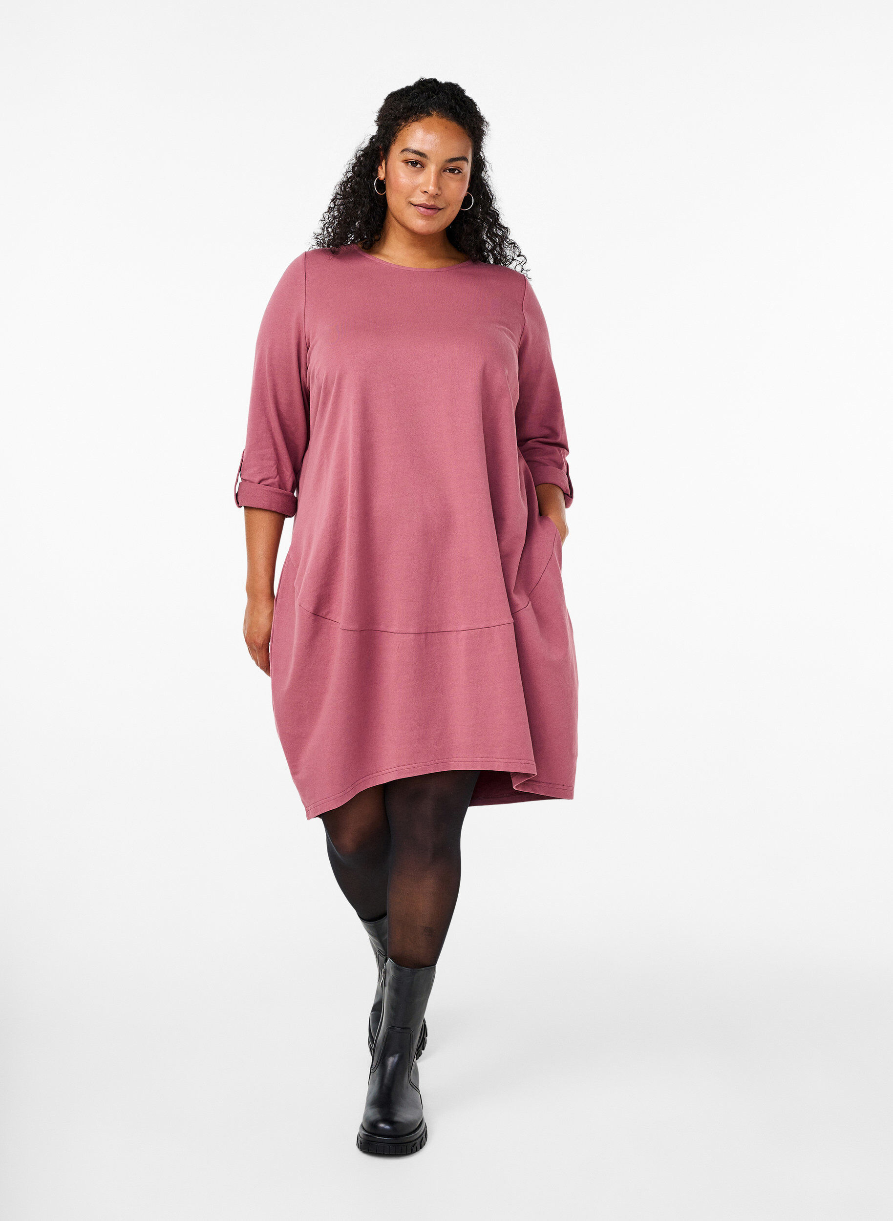 Zizzi Robe ballon en coton avec poches, Rose, Model image number 1