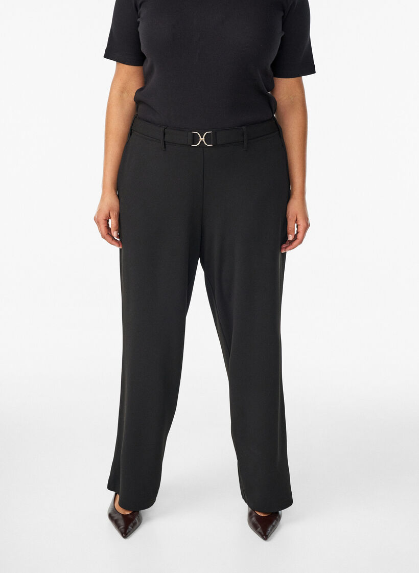 Pantalon taille haute avec ceinture et boucle dor&eacute;e, Noir, Model image number 2