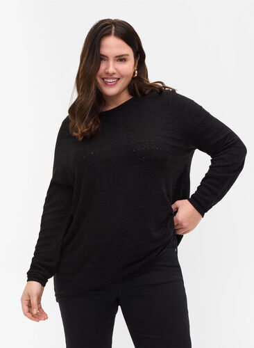 Pull en tricot avec col rond, Black, Model image number 0