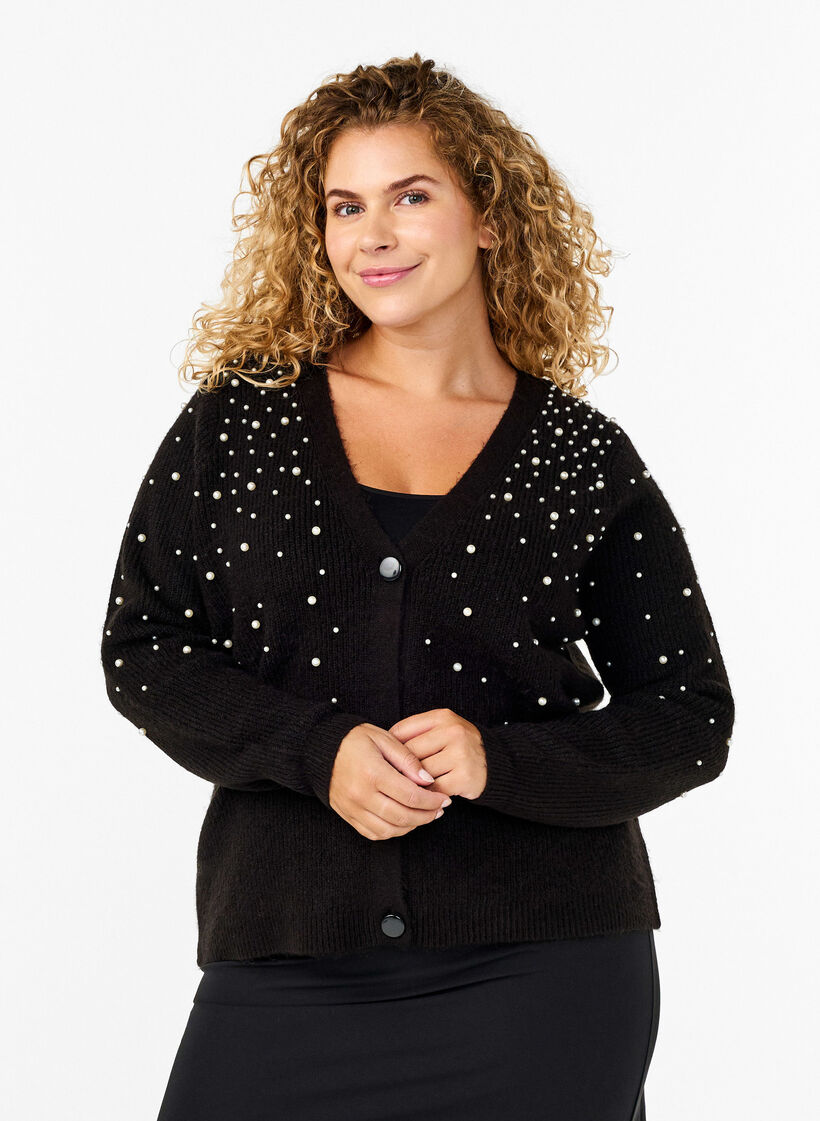 Cardigan en tricot avec des perles, Black White Pearls, Model image number 0
