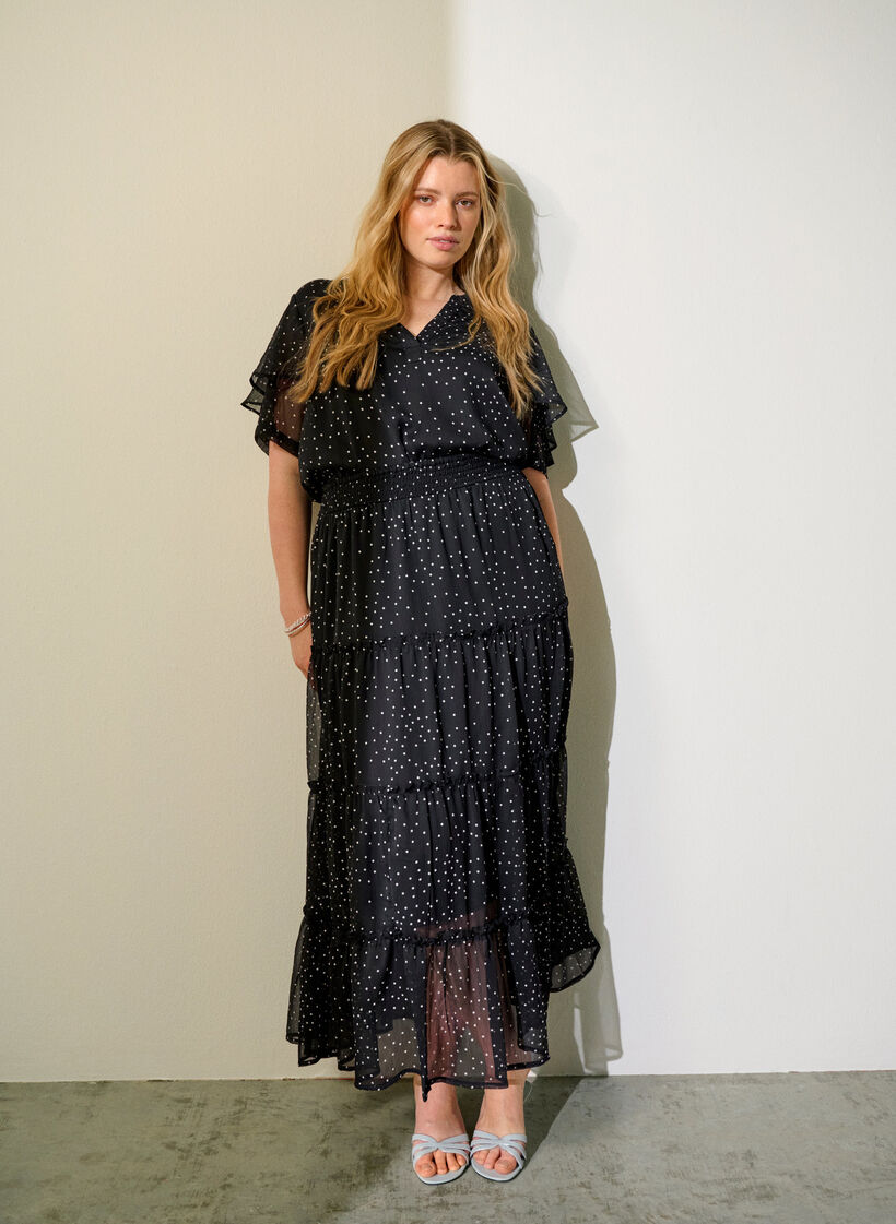 Blouse en mousseline &agrave; pois avec manches &agrave; volants, Noir, Image image number 0