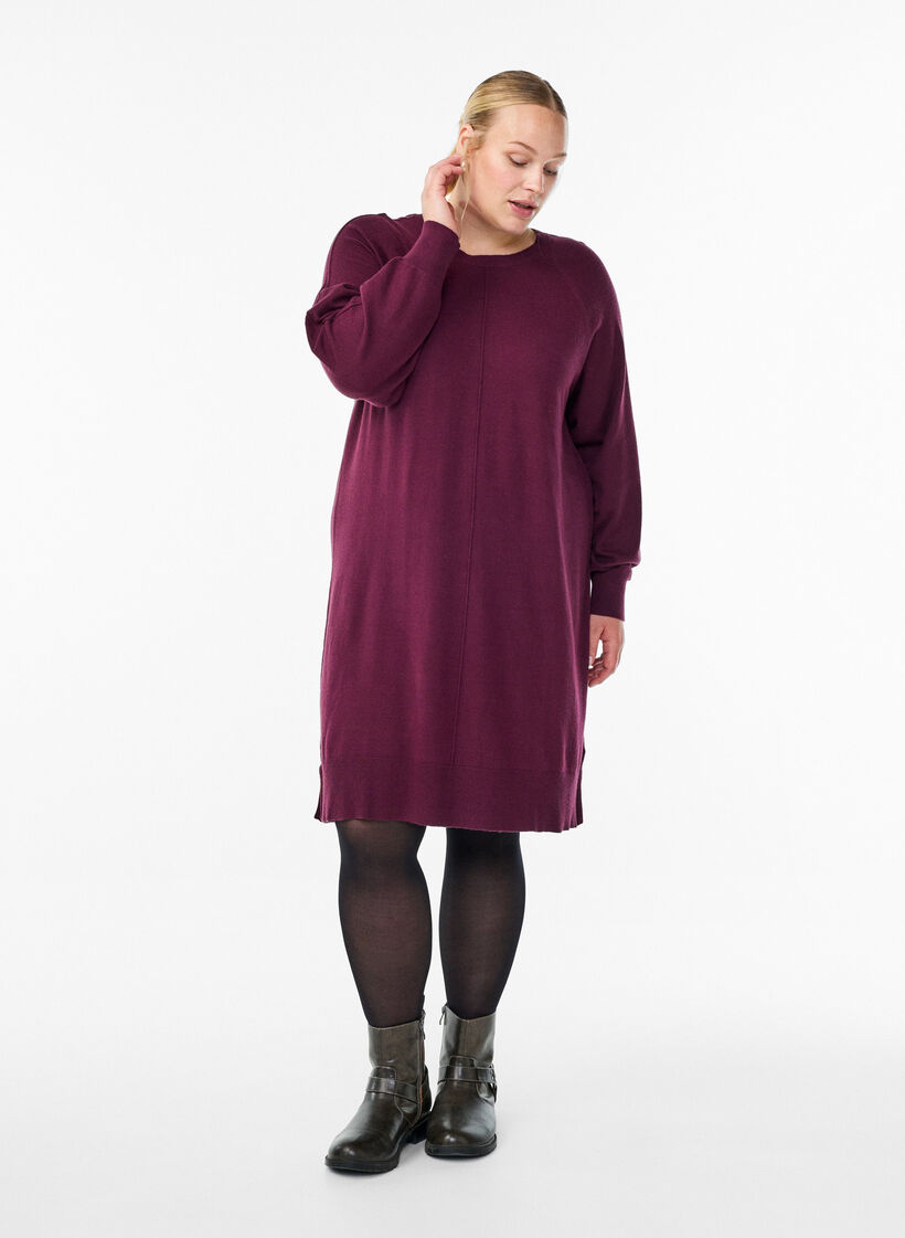 Robe courte en maille &agrave; manches raglan et couture centrale, Bordeaux, Model image number 1