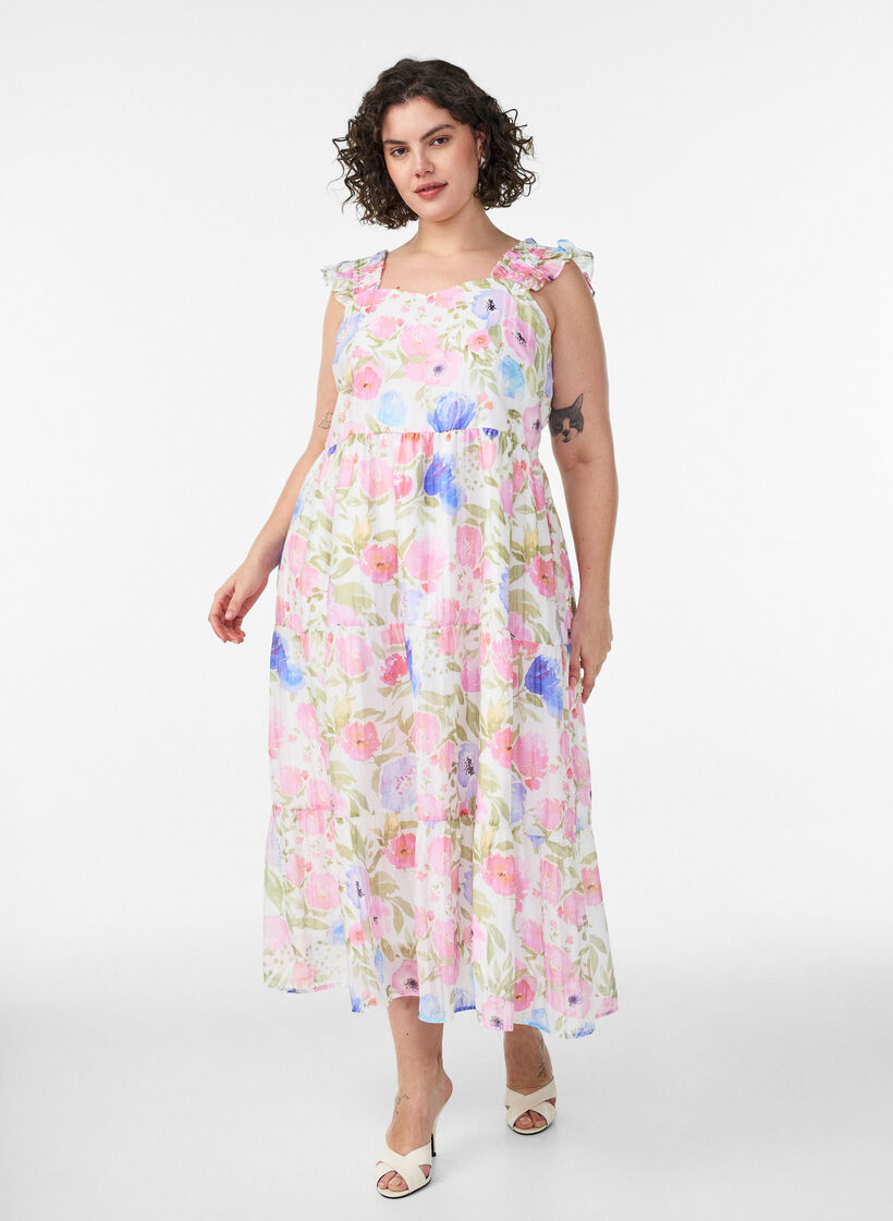 Robe longue fleurie en lyocell avec volants, Blanc, Model image number 0