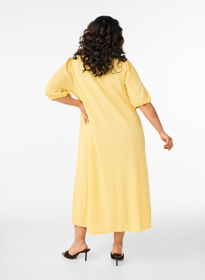 Robe midi avec col en V et texture, Jaune clair, Model image number 1