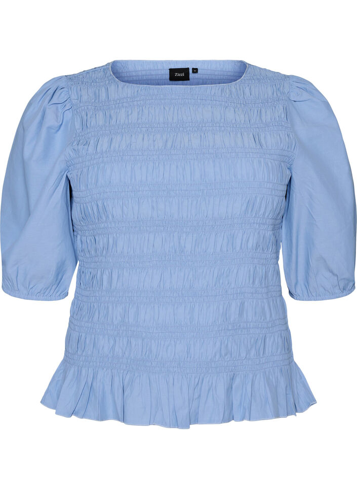 Blouse smock&eacute;e avec ourlet &agrave; volants et col bateau, Bleu, Packshot image number 0