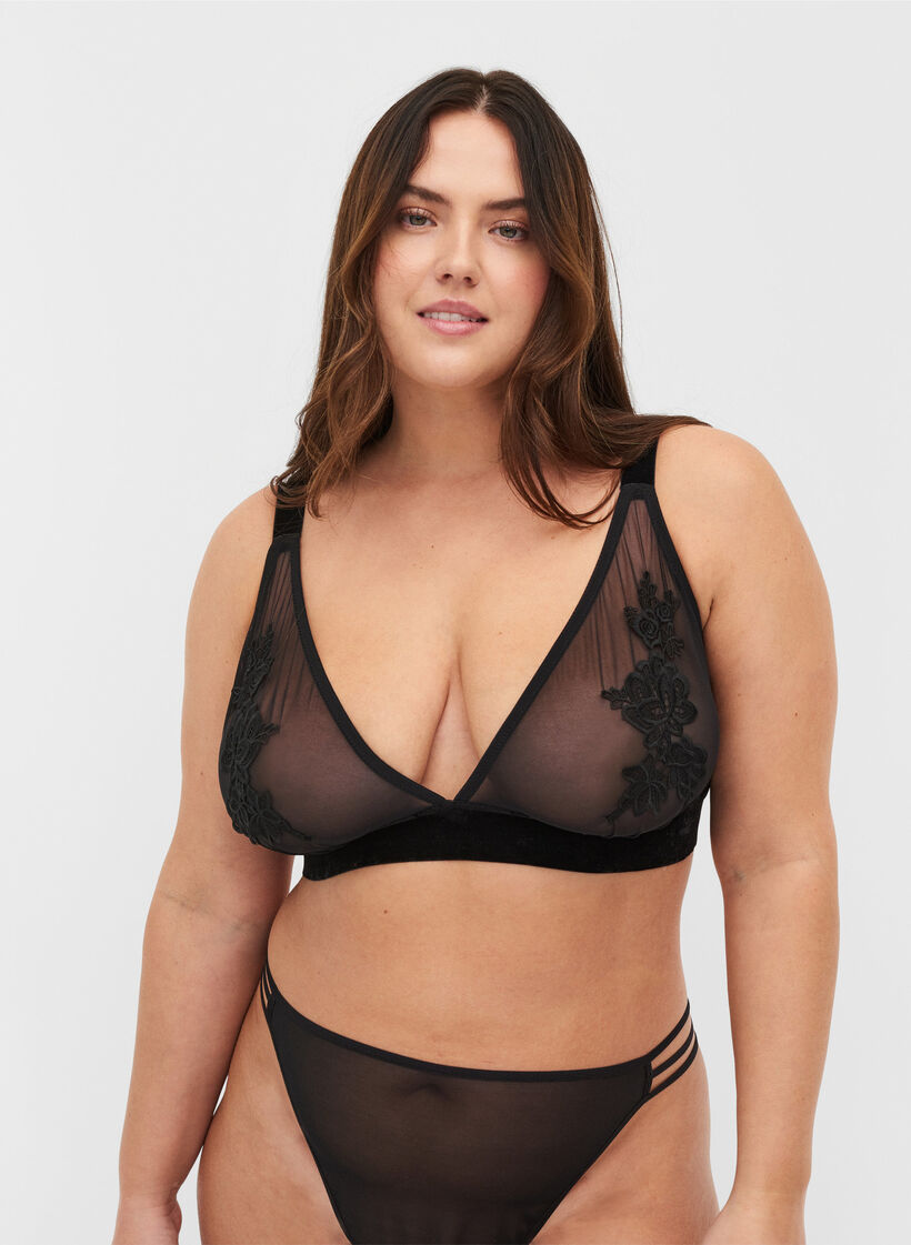 Soutien-gorge en résille avec velours et dentelle, Black, Model image number 0