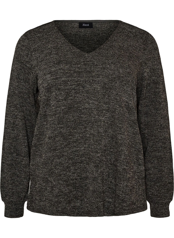 Blouse en jersey avec col en V et manches longues, Noir, Packshot image number 0