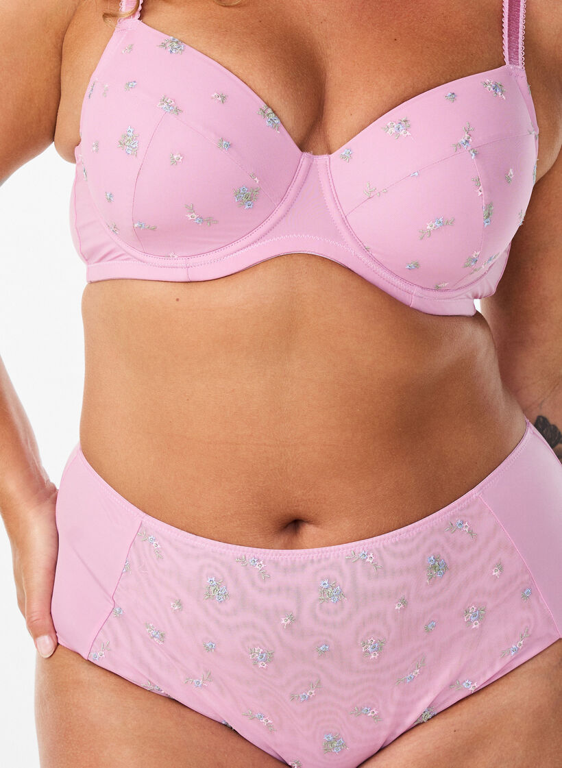 Soutien-gorge rembourr&eacute; avec maille et broderie florale, Rose poudr&eacute;e, Model image number 3