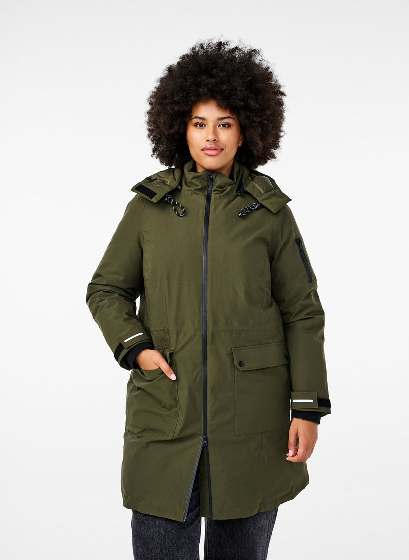Veste d'hiver pratique avec capuche et poches, Vert foncé, Model image number 0
