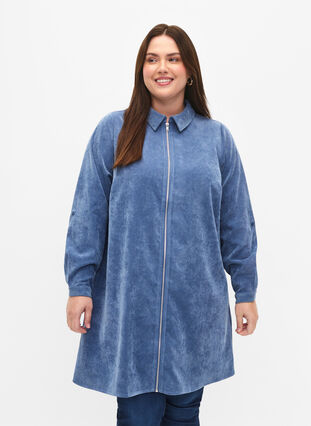 Robe en velours avec fermeture Éclair et manches 3/4, Moonlight Blue, Model image number 0