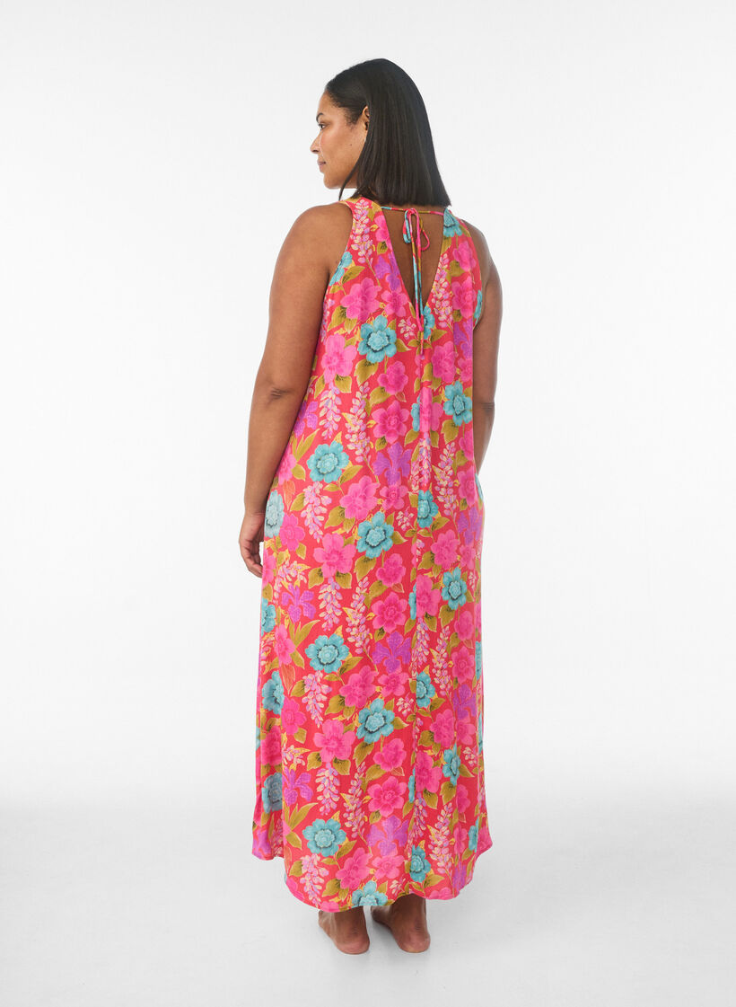 Robe longue sans manches &agrave; coupe &eacute;vas&eacute;e et col en V, Rouge, Model image number 1