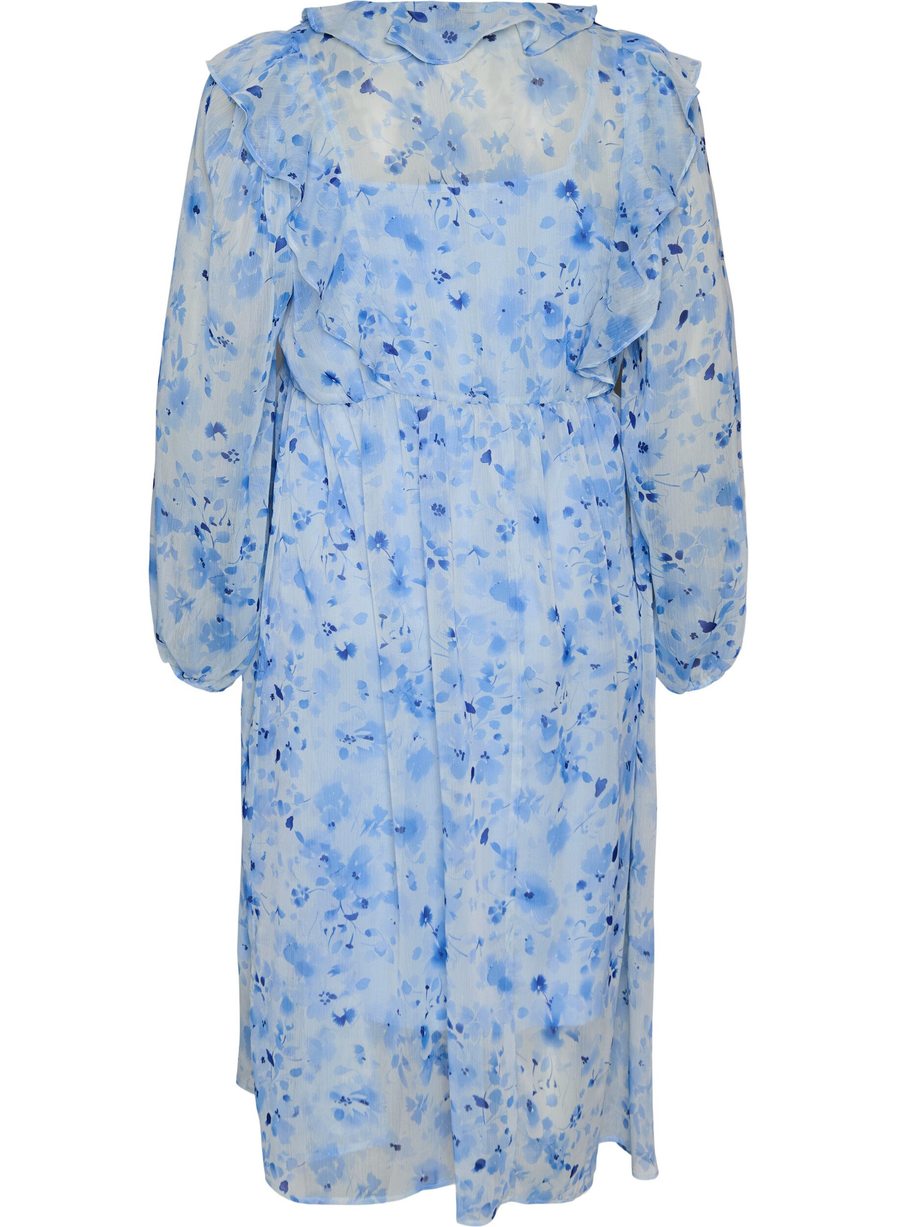 ZizziRobe en chiffon fleuri avec volants et manches longues, Bleu, Packshot image number 1