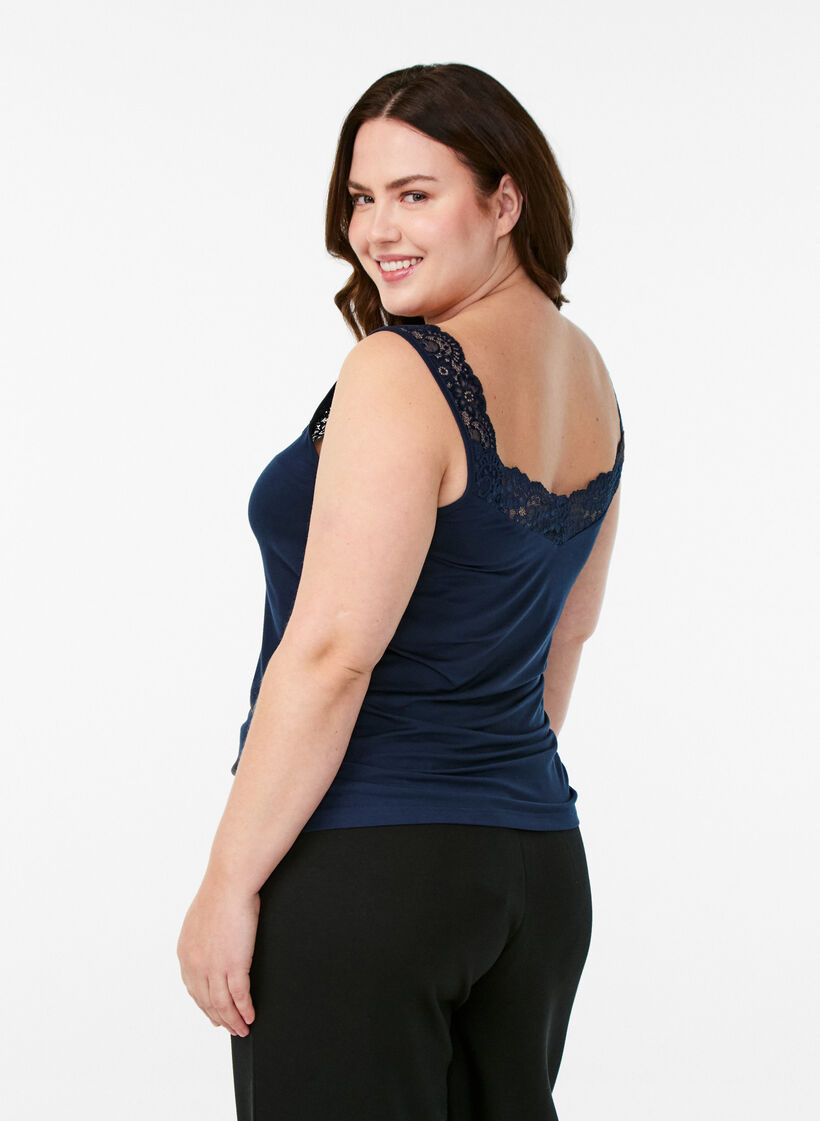 Top en viscose avec bordure en dentelle, Bleu, Model image number 2