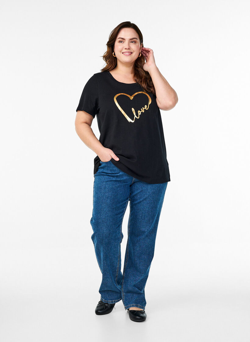 T-shirt en coton avec motif, Black w. Gold Love, Model image number 2