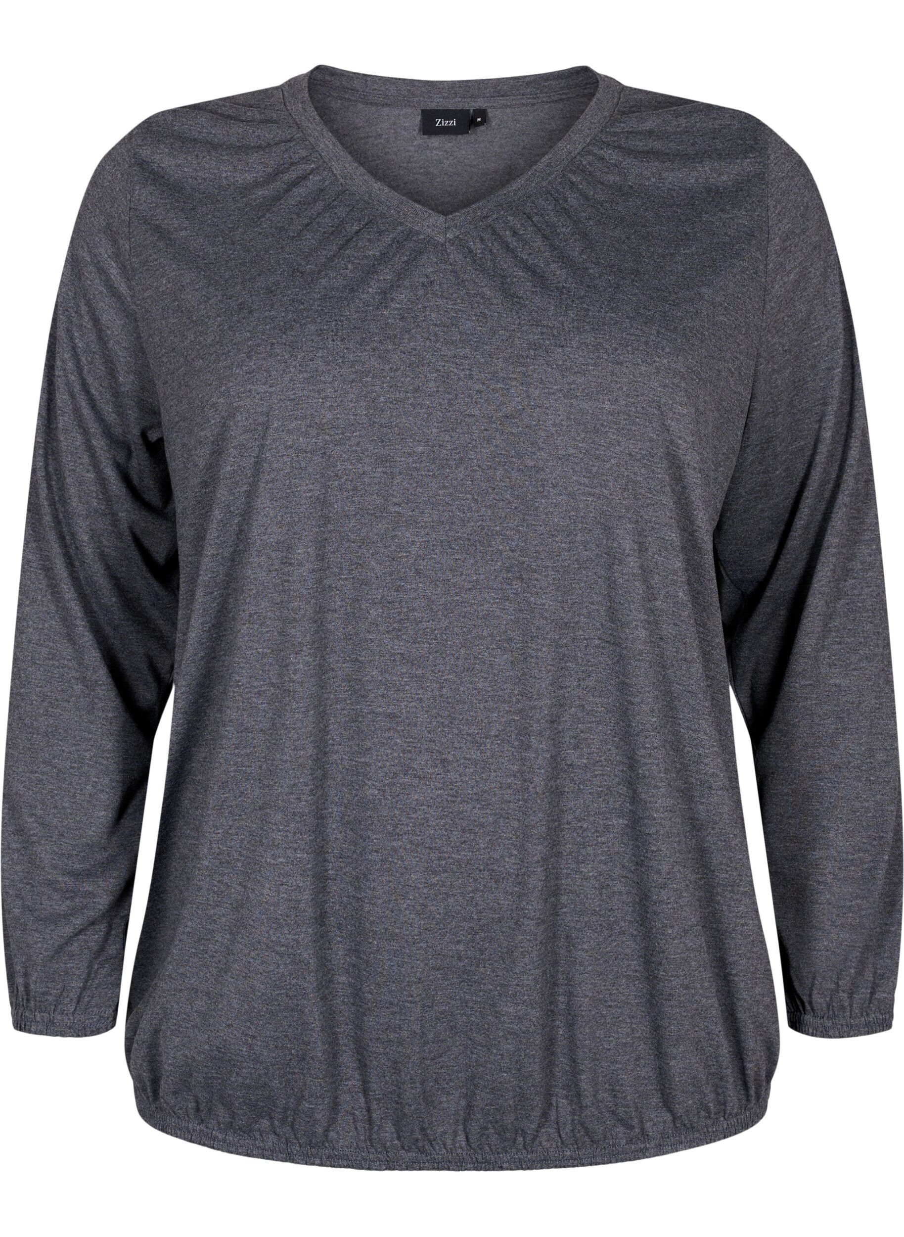 Zizzi Blouse m&eacute;lang&eacute;e &agrave; manches longues et coupe en V, Dark Grey Melange, Packshot image number 0