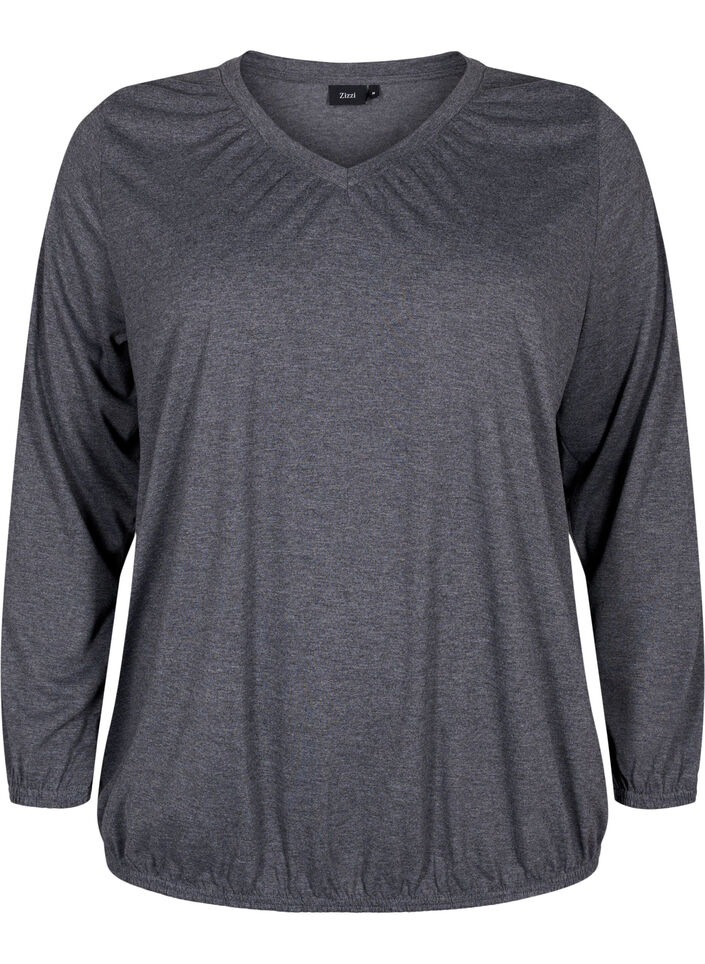 Blouse mélangée à manches longues et coupe en V, Dark Grey Melange, Packshot image number 0