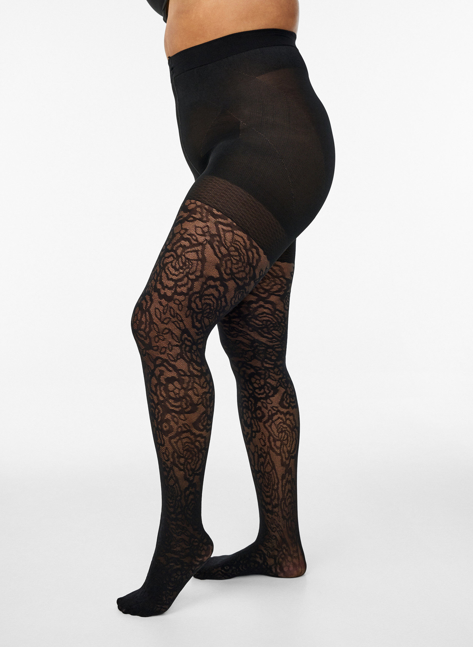 Collant push-up 70 deniers &agrave; motif de roses, Noir, Model