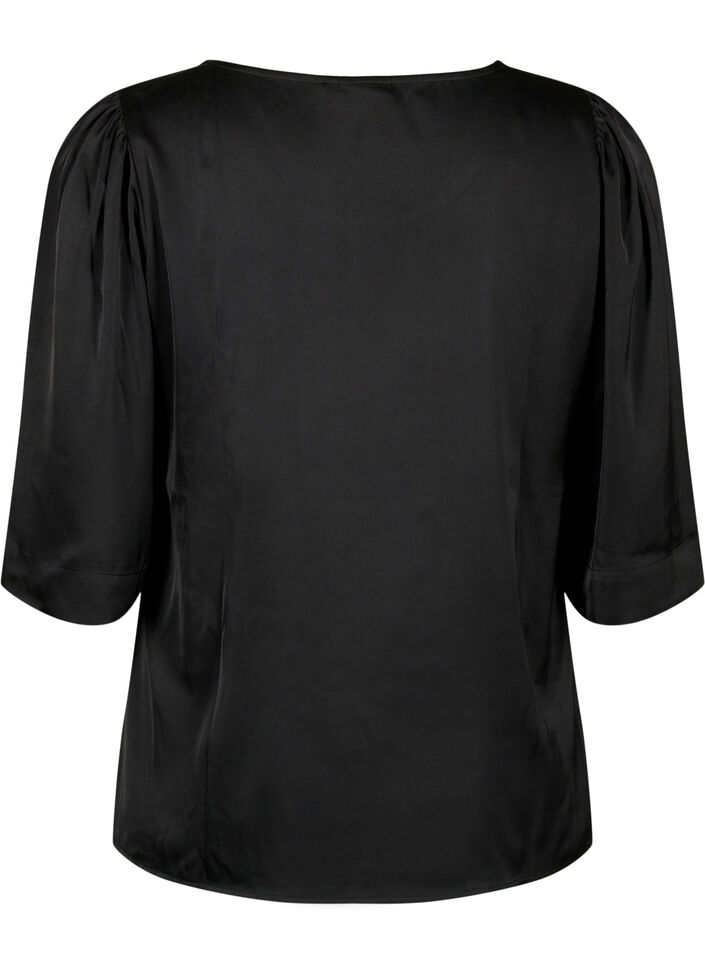 Blouse en satin avec manches mi-longues, Black, Packshot image number 1