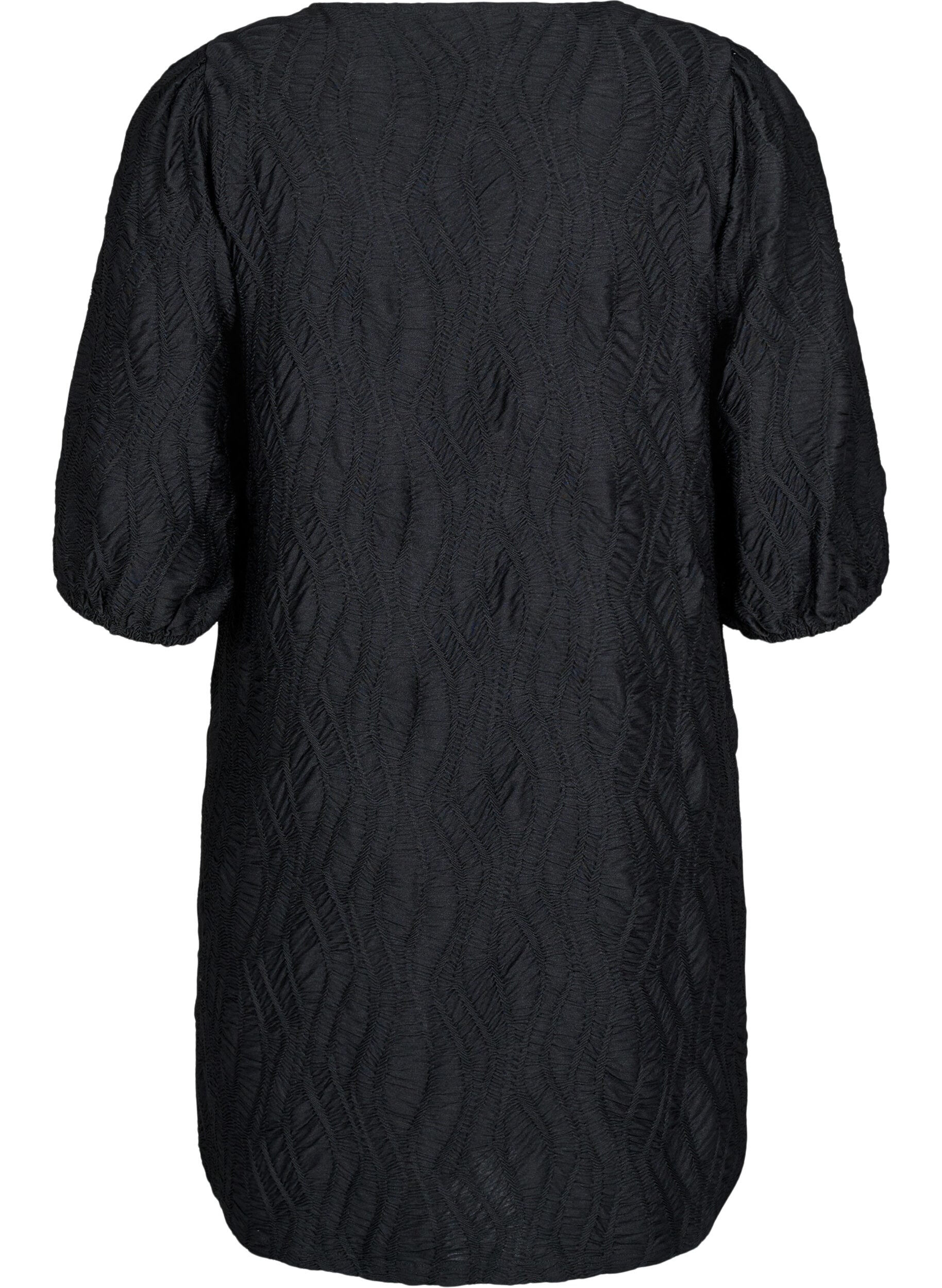 Zizzi Robe courte avec texture et manches 3/4, Noir, Packshot image number 1