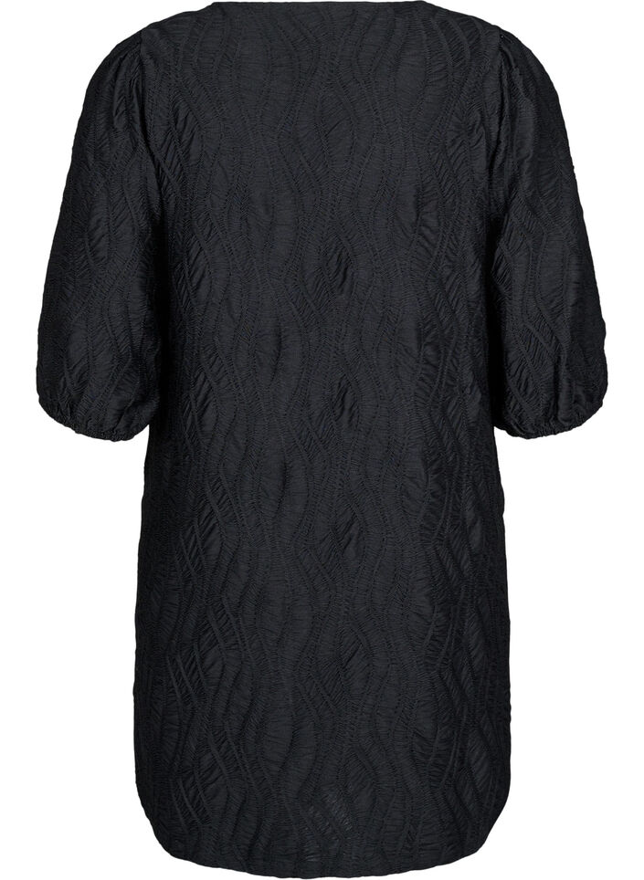 Robe courte avec texture et manches 3/4, Noir, Packshot image number 1