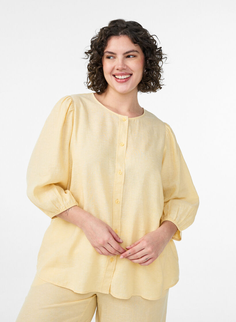 Chemisier en lin et viscose avec manches 3/4, Jaune clair, Model image number 0