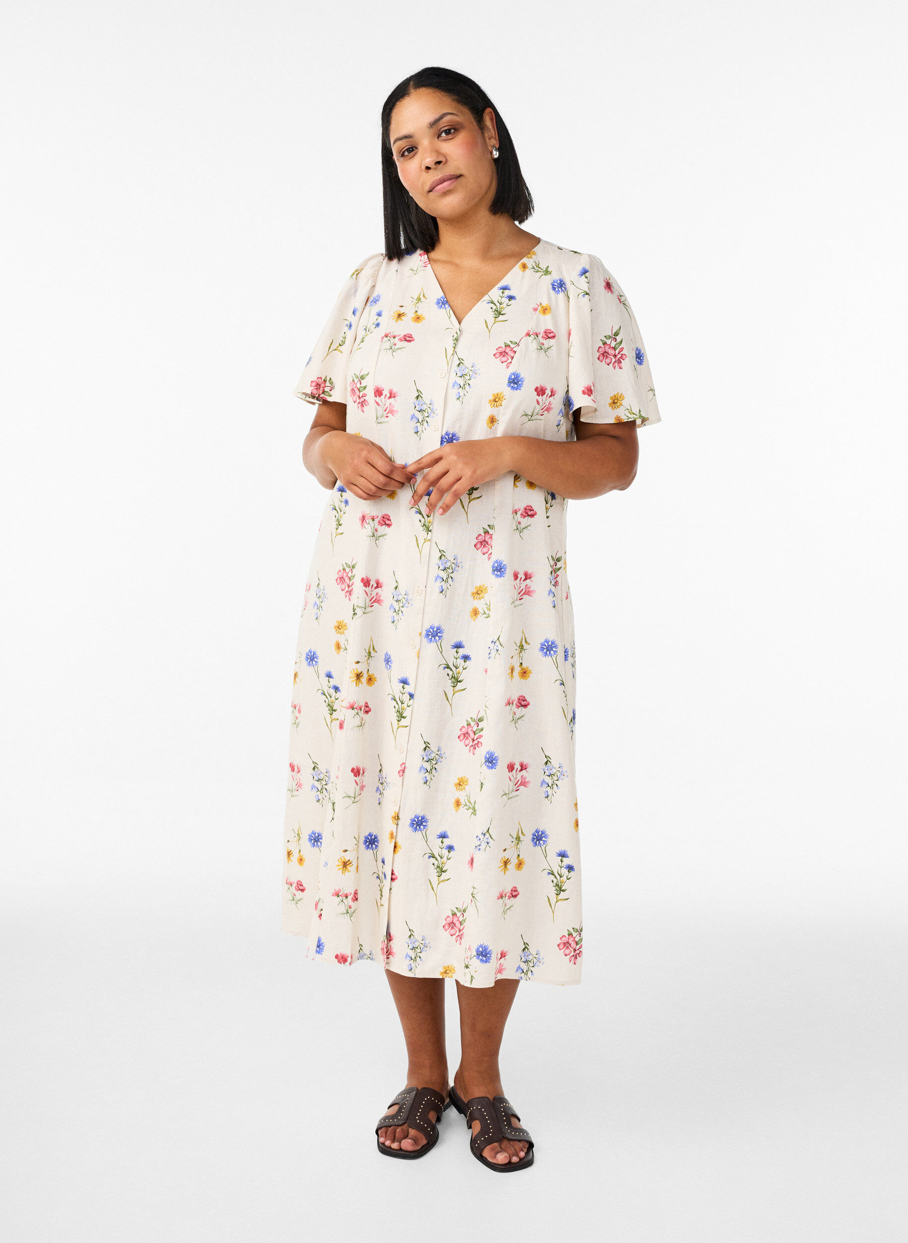 Robe midi en lin et viscose avec manches &agrave; volants, Beige, Model