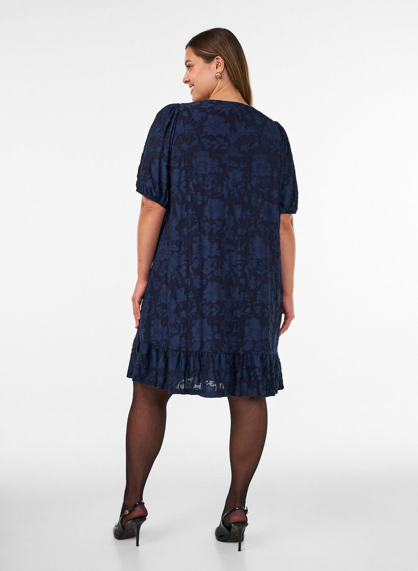 Robe &agrave; texture florale et bordure &agrave; volants, Bleu, Model image number 2