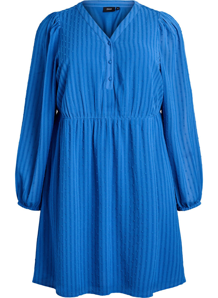 Robe courte à rayures ton sur ton et pois texturés, Bleu, Packshot image number 0