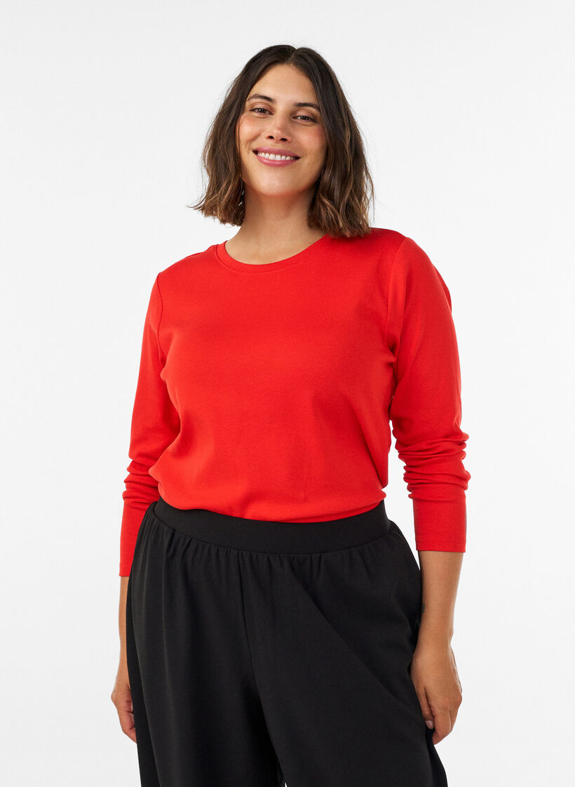 T-shirt basique &agrave; manches longues et col rond, Rouge, Model image number 0