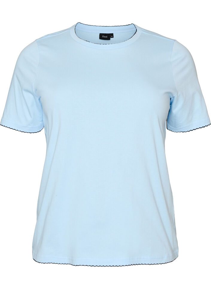 T-shirt en coton avec bords ondul&eacute;s contrastants, Bleu Clair, Packshot image number 0