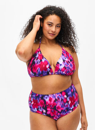 Bas de bikini à imprimé et taille haute, Pink Flower AOP, Model image number 0