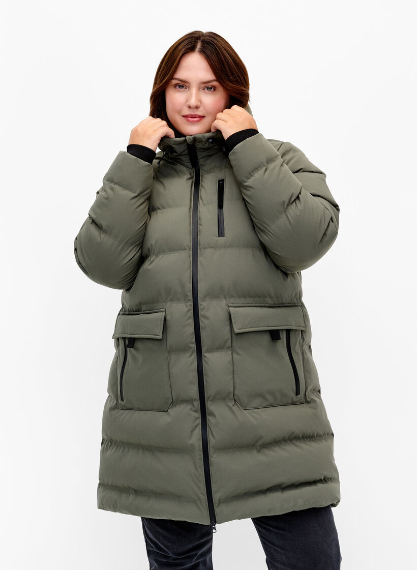Doudoune avec capuche et poches, Vert, Model image number 0