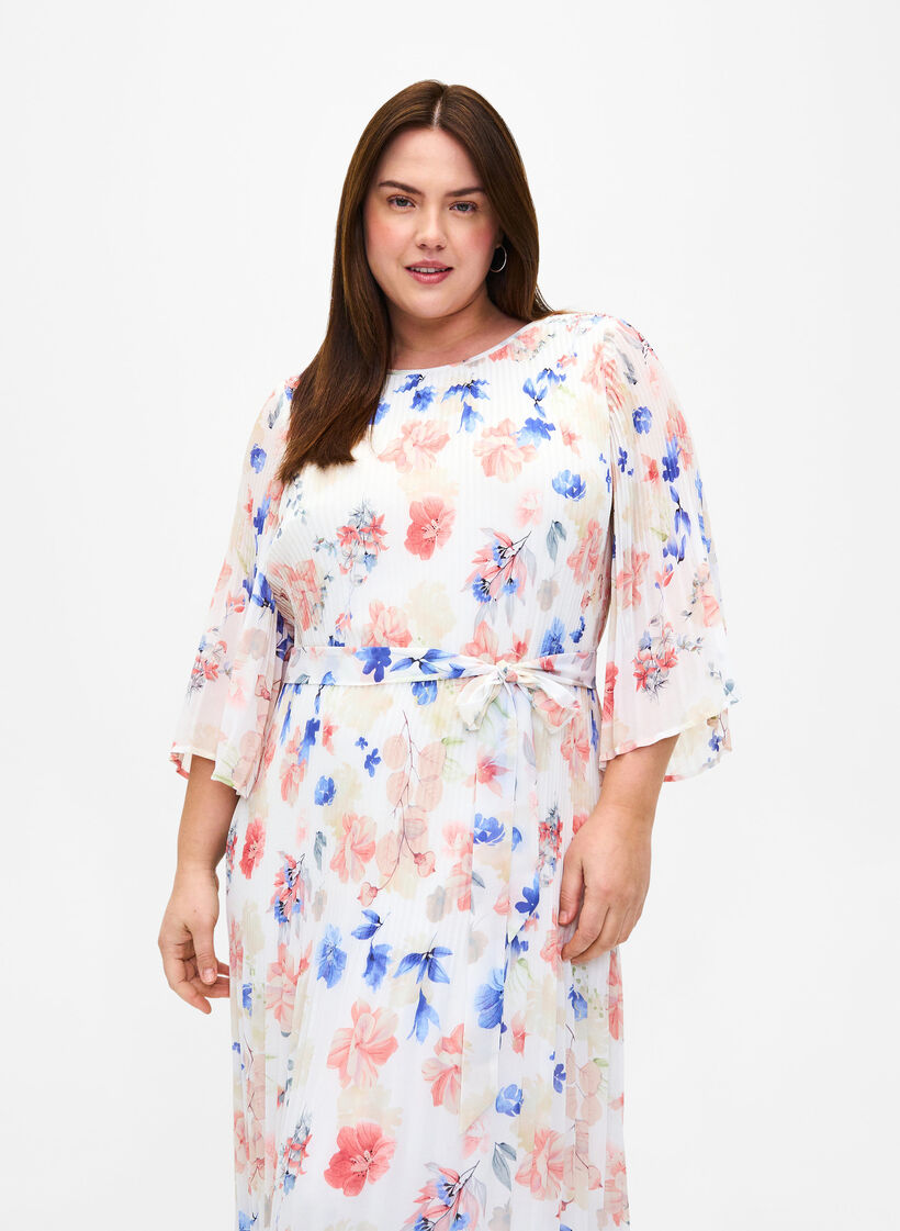 Robe plissée florale avec cordon de serrage, White/Blue Floral, Model image number 2