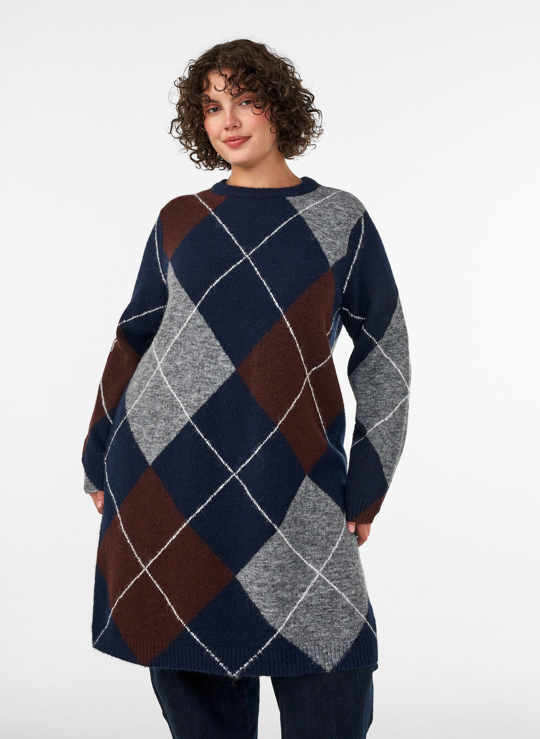 Robe en maille &agrave; grands carreaux, Bleu, Model